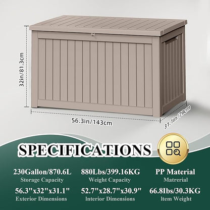 230 Gallon Resin Large Deck Box, Waterproof Outdoor Storage box for Patio Cushions, Garden Tools, Lockable (Brown)