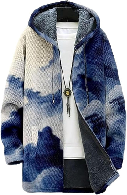 Men's Hooded Sweater Coat Knit Fleece Lined Long Cardigan Jacket with Zip Front Pocket Vintage Casual Zip Up