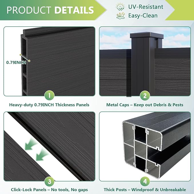 Mondaria Fence Privacy Screen with 8ft In-ground Posts, 6ft(H) x 6ft(W) Wood Plastic Composite Fence Panels Weather-Resistant Outdoor Fence for Backyard/Garden (Silver Gray, 1 Post)