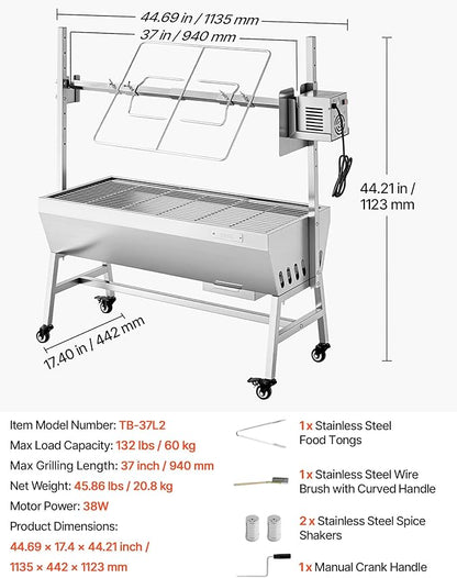 VEVOR Rotisserie Grill, 37in BBQ Outdoor Pig & Lamb Spit Roaster, Charcoal Spit Roaster with 132 LBS Capacity, Wheels, 7-Level Height, Stainless Steel Electric Rotisserie Grill Kit for Camping Outdoor