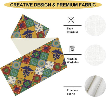 Mexican Table Runner, Orange Floral Birds Mexico Talavera Ceramic Dia De Los Muertos Coffee Table Center Decor for Family Home Kitchen and Dining Farmhouse Indoor Outdoor Table Decorations, 13" X 36"