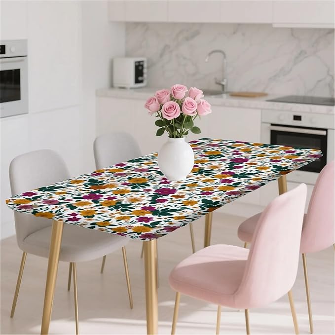 Rectangle Table Cloth Cover Waterproof Elastic Fitted Polyester Fitted Tablecloths for 6 Foot Tables for Indoor,Picnic, Camping, Outdoor （60" x 30"，Floral Print）