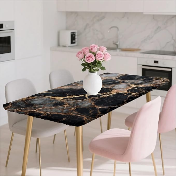 Rectangle Table Cloth Cover Waterproof Elastic Fitted Polyester Fitted Tablecloths for 6 Foot Tables for Indoor,Picnic, Camping, Outdoor （60" x 30"，Black Marble）