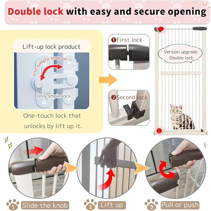 Lumizone Extra Tall Cat Gate 61.02" High Pressure Mounted Extra Wide 63.39"-67.32" (17Sizes) 1.37" Gap No Drilling Auto-Close Tall Pet Gate for Dogs (Cream, 63.39"-67.32" W)