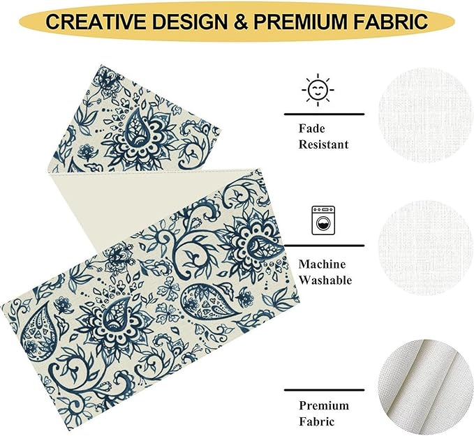 Blue Paisley Table Runner, Vintage Damask Antique Floral Flower Boho Damask Swirled Rustic Coffee Table Center Decor for Family Kitchen and Living Room Outdoor Table Decorations, 13"x90"