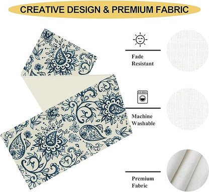 Blue Paisley Table Runner, Vintage Damask Antique Floral Flower Boho Damask Swirled Rustic Coffee Table Center Decor for Family Kitchen and Living Room Outdoor Table Decorations, 13"x90"