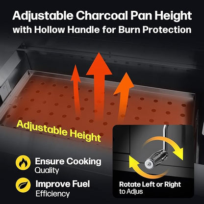 Large Built-In Charcoal BBQ Grill, Charcoal Grills with Liftable Tray, Insulated Hood & Temperature Gauge, Heavy-Duty Stainless Steel Barbecue Grill for Outdoor Kitchen, Family Parties, and Camping