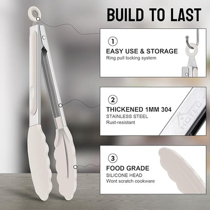 HOTEC Premium Stainless Steel Locking Kitchen Tongs with Silicon Tips, Set of 2-9" and 12",Khaki