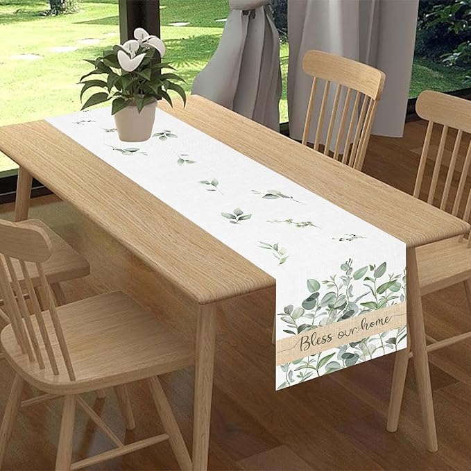 Farmhouse Table Runner, Green Eucalyptus Spring Summer Seasonal Plants Rustic Country Cafe Coffee Table Center Decor for Home Kitchen Dining Patio Indoor Outdoor Table Decorations, 13"x90" Inch