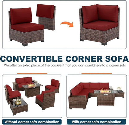 7 Piece Patio Furniture Set with Fire Pit Table, Outdoor Conversation Sets Wicker Rattan Sectional Sofa with Coffee Table, 4'' Thickened Cushion Wine Red (Include Waterproof Cover)