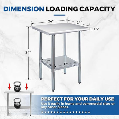 Profeeshaw Stainless Steel Prep Table 24x24 Inch NSF Commercial Work Table with Undershelf Heavy Duty Table for Kitchen Restaurant Home Hotel
