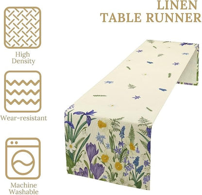 Wildflowers Table Runner,Spring Purple Floral Summer Seasons Daisy Flower Print Kitchen Dining Table Decoration for Home Farmhouse Party 13x90in