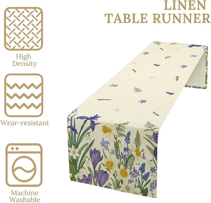 Wildflowers Table Runner,Spring Purple Floral Summer Seasons Daisy Flower Print Kitchen Dining Table Decoration for Home Farmhouse Party 13x108in