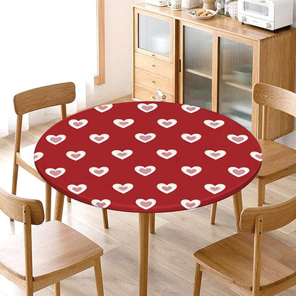 Valentines Day Round Fitted Tablecloth with Elastic Red Pink Heart Circle Table Cloth for 44-48" Round Tables Wipeable Waterproof Washable Burgundy Valentine Table Cover for Picnic Dining Party Decor