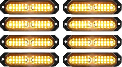 ASPL 8pcs Sync Feature Ultra Slim 12-LED Surface Mount Flashing Strobe Lights for Truck Car Vehicle LED Mini Grille Light Head Emergency Beacon Hazard Warning Lights (Amber)