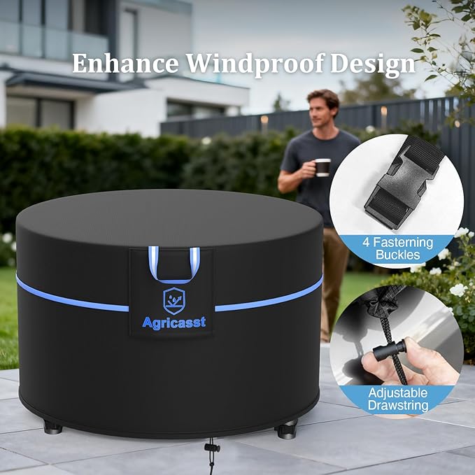 Round Fire Pit Cover for 41''- 44'' Fire Pit, 600D Heavy Duty Outdoor Firepit Cover Waterproof Patio Fire Table Cover with Air Vent, Handle, 4 Windproof Buckles, Drawstring - 44"Dia x 24"H