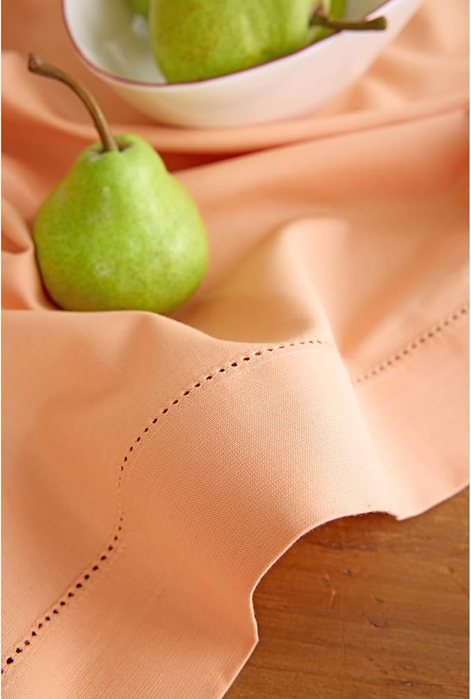Solino Home Cotton Linen Table Runner 108 Inches Long - Hemstitch Peach Bloom Dining Table Runner 14 x 108 Inch for Valentines, Spring, Easter
