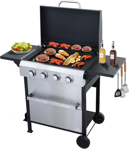 CIG GARDEN 4 Burner Propane Gas Grill, 42,000 BTU Output Flat Top BBQ Grill with Stainless Steel Griddle, Perfect for Outdoor Cooking, Balcony, Backyard, Camping, Barbecue