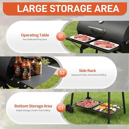 Outvita Barrel Charcoal Grill with Warming Rack, Outdoor BBQ Grill with Side Front Table with Nearly 564 Sq.In. Cooking Grid Area for Backyard Patio Picnic Parties Camping, Black