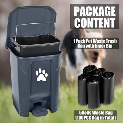 tebiete Dog Poop Trash Can Outdoors Pet Waste Station with Lid Dog Waste Disposal Container with Removable Inner Bin Bucket Hands-Free Pedal Garden Yard Home with 5Rolls Waste Bags, Grey