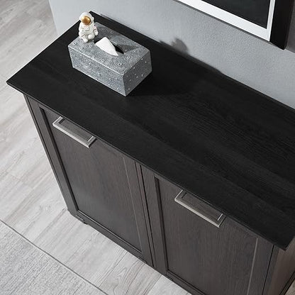 OLD CAPTAIN Double Tilt Out Trash Cabinet, Wooden Kitchen Garbage Can Free Standing Holder (Dark Brown+Black Top Panel)