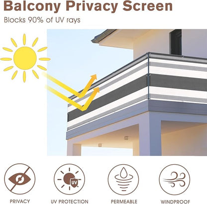 SUNNY GUARD 3'x16' Balcony Deck Privacy Screen Fence, Apartments Railing Screen Heavy Duty Wind Screen for Outdoor,Backyard,Patio Privacy(Silver Gray White Stripes