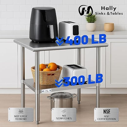 Hally Stainless Steel Table for Prep & Work 24 x 30 Inches, NSF Commercial Heavy Duty Table with Undershelf and Galvanized Legs for Restaurant, Home and Hotel