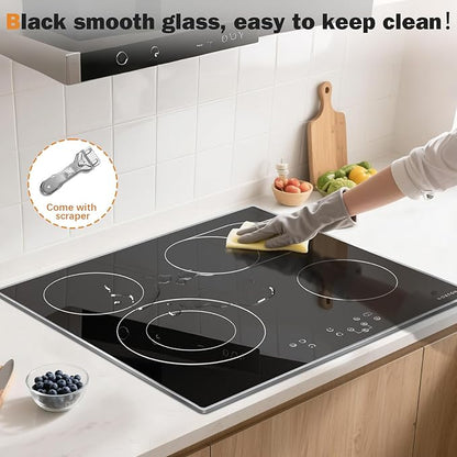 Noxton 24 Inch Electric Cooktop, 4 Burners Ceramic Glass Stove Top with Dual and Oval Expandable Zones, Stainless Steel Frame, Timer, Child Lock, 240V Hardwired