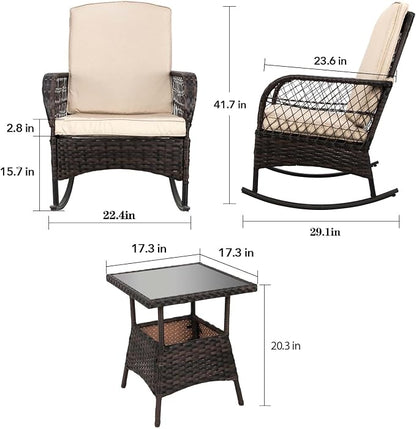 3 pcs Rocking Bistro Set Conversation Chairs PE Wicker Outdoor Rocking Chairs & - Image 3