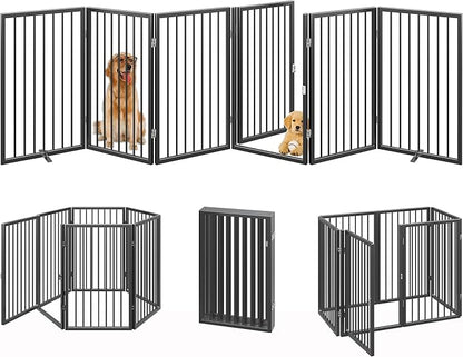 Vantas Folding No-Assembly Metal Pet Gate 120" Wide, 32" Extra Tall Dog Gate with Door Walk Through, Freestanding Accordion Puppy Gate Dog Door for Indoor & Outdoor, with 2PCS Support - Black