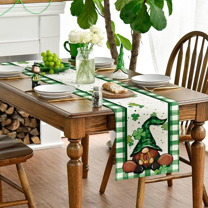 Artoid Mode Shamrock Lucky Buffalo Plaid Gnomes St. Patrick's Day Table Runner, Kitchen Dining Table Decor for Outdoor Home Party Decor 13 x 36 Inch