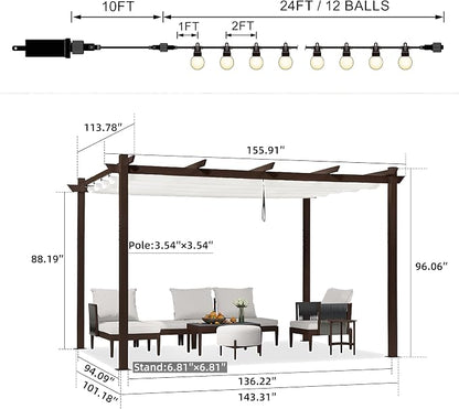 PURPLE LEAF Patio Pergola 10' x 13' Aluminum and Retractable Canopy, - Image 6