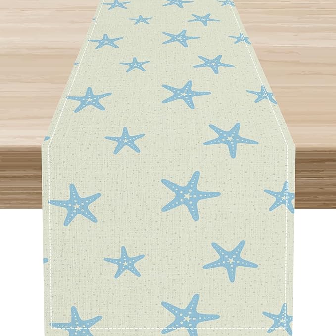 Blue Starfish Table Runner,Nautical Beach Ocean Table Runner Seasonal Holiday Home Kitchen Dining Table for Home Party Decor 13"x72"