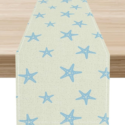 Blue Starfish Table Runner,Nautical Beach Ocean Table Runner Seasonal Holiday Home Kitchen Dining Table for Home Party Decor 13"x108"