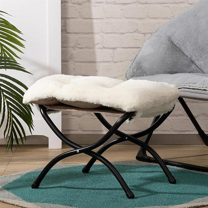 HollyHOME 15"(H) Folding Footrest Stool, Upholstered Small Foldable Ottoman, Accent Padded Sofa Foot Stool for Lazy Chair, Metal Frame Portable Foot Rest Ottoman for Home, Living Room, Bedroom, Beige