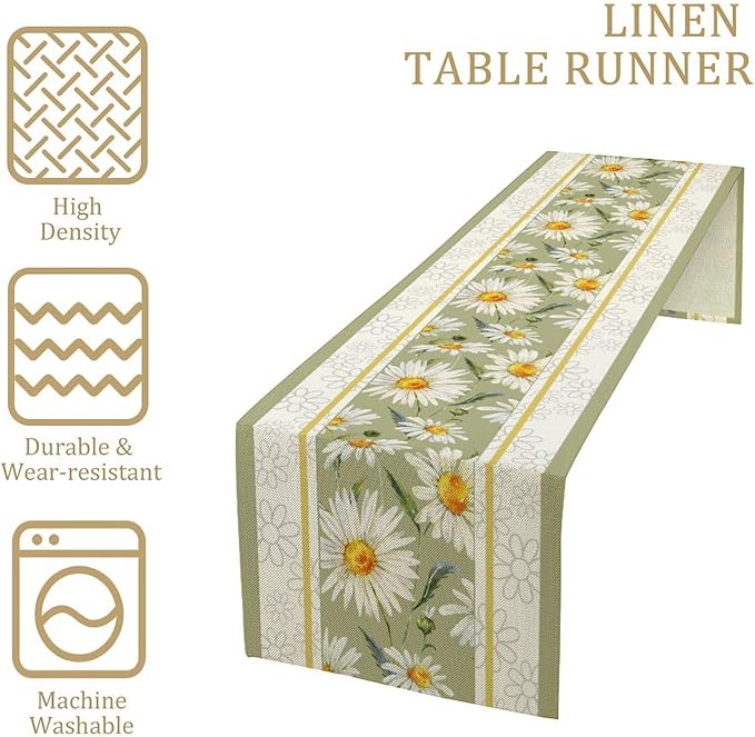Daisy Flower Table Runner, Summer Watercolor Plants Floral Spring Garden Table Cover for Farmhouse Kitchen Dining Room Party Picnic Table Decor, 13x36inch