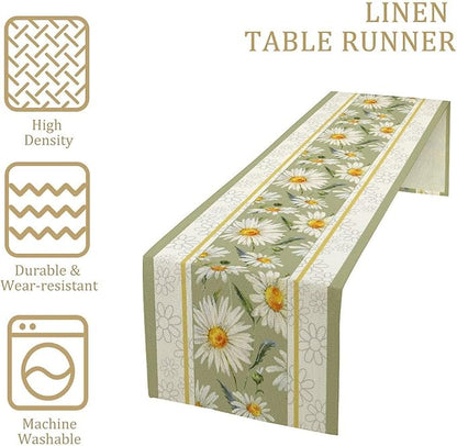 Daisy Flower Table Runner, Summer Watercolor Plants Floral Spring Garden Table Cover for Farmhouse Kitchen Dining Room Party Picnic Table Decor, 13x120inch