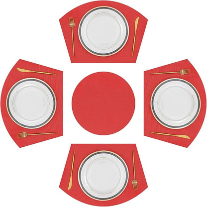 SHACOS Large Size Wedge Shape Placemats with Centerpiece Round Mat Set of 5 Round Table Place Mats Washable Dining Table Placemats Reversible, Red