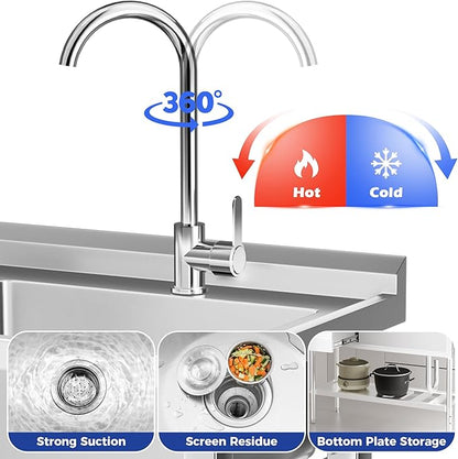 Stainless Steel Sink with Cold and Hot Water Pipes, Free Standing Single Bowl Commercial Kitchen Sink W/Workbench & Storage Shelf, Faucet For Laundry Room, Farmhouse, Indoor/Outdoor(47 inch)