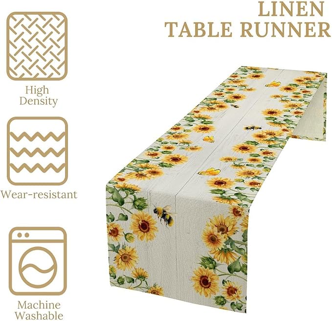 Sunflower Table Runner, Yellow Floral Flower Butterfly Country Rustic Table Runner for Outdoor Home Party Kitchen Dining Holiday 13x108in