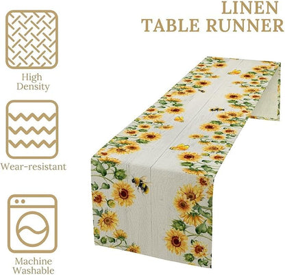 Sunflower Table Runner, Yellow Floral Flower Butterfly Country Rustic Table Runner for Outdoor Home Party Kitchen Dining Holiday 13x108in