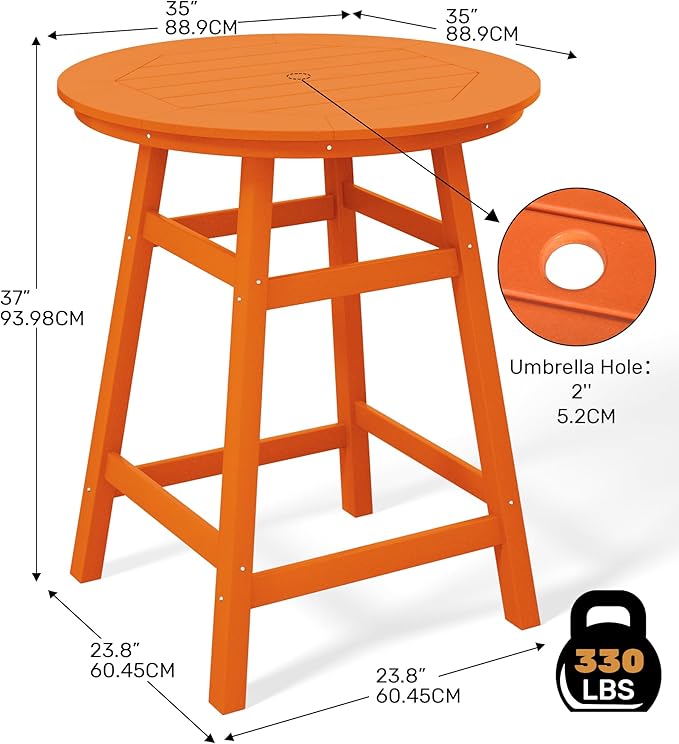 Costaelm Patio Bistro Table, 37" Counter Height Round Patio Cocktail Bar Table with Umbrella Hole, Outdoor Bistro Dining Pub Table for Front Porch Deck Backyard Garden, Orange