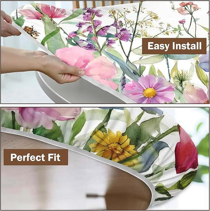 Spring Summer Floral Round Fitted Tablecloth with Elastic Wildflower Dragonfly Circle Table Cloth for 48-52" Tables Farmhouse Easter Flowers Stretch Waterproof Table Cover for Picnic Outdoor Dining