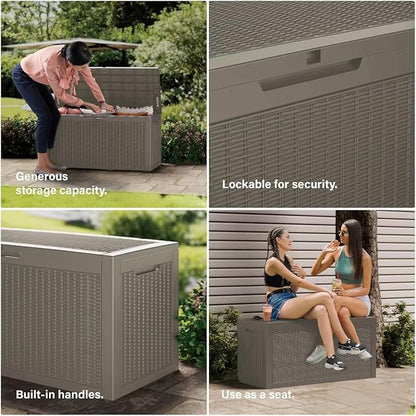 100 Gallon Resin Deck Box, Waterproof Outdoor Storage Box for Patio Furniture, Garden Tools, and Pool Accessories, Lockable UV-Resistant Storage Bin Bench Cabinet for Outside, Grey