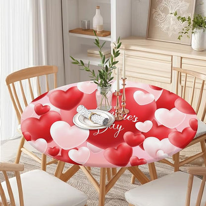 Valentines Day Round Fitted Tablecloth with Elastic Red White Love Heart Circle Table Cloth for 48-52" Round Tables Wipeable Waterproof Washable Valentine Table Cover for Picnic Dining Party Decor