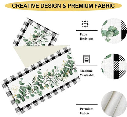 Green Eucalyptus Table Runner, Farmhouse Spring Plants Leaves Checkered Baffalo Plaid Rustic Country Greenery Cafe Coffee Table Center Decor for Home Kitchen Dining Patio Indoor Outdoor, 13"x36" Inch