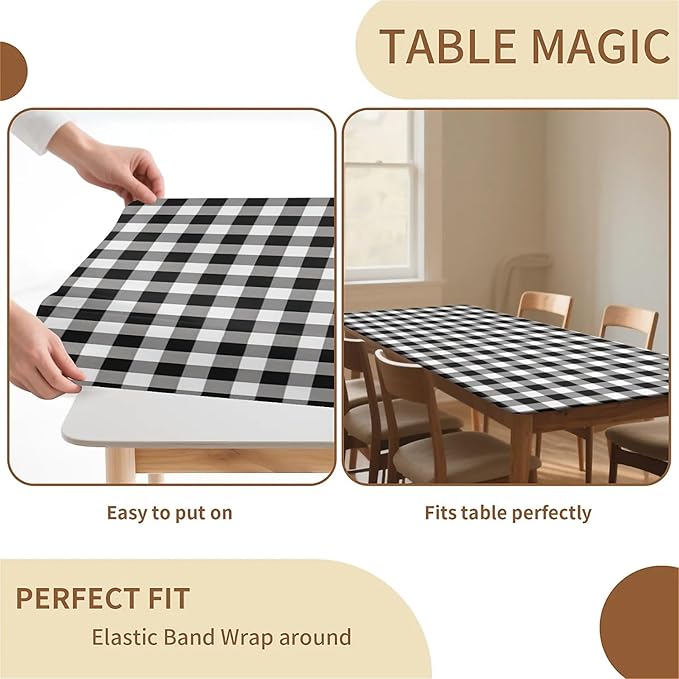 Rectangle Table Cloth Cover Waterproof Elastic Fitted Polyester Fitted Tablecloths for 8 Foot Tables for Indoor,Picnic, Camping, Outdoor （96" x 30"，Black Grid）