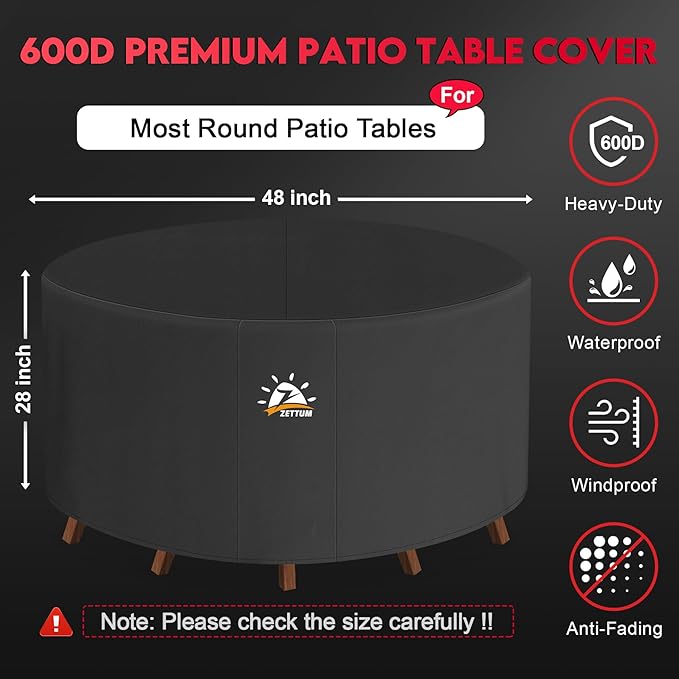 Zettum Round Patio Table Cover 48 Inch - 600D Outdoor Furniture Cover Round Waterproof & Heavy Duty, Lawn Furniture Set Covers for Outside Dining Table and Chairs Seating Combo - 48 x 48 x 28 Inch