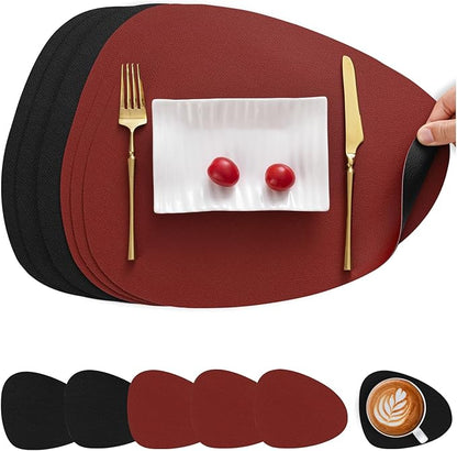 Myir JUN Placemats, Dual-Sided Placemats Waterproof Faux Leather Placemats Set of 6 Place Mats and Coasters Non-Slip Washable Table Mats for Dining Table (Red Black, Set of 6)