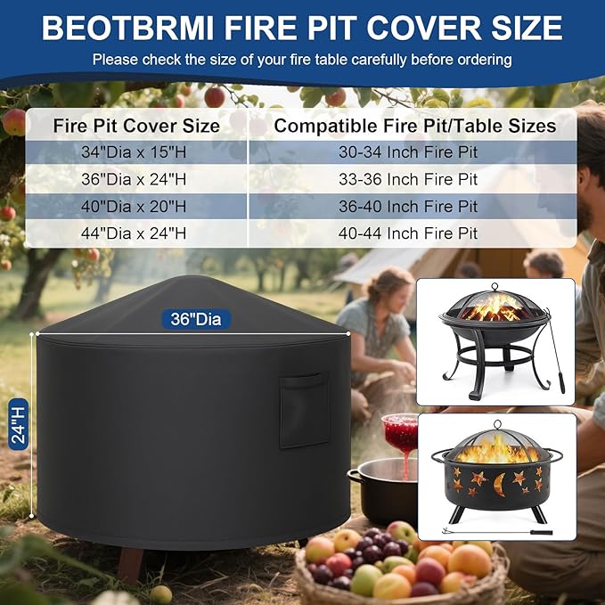 Round Fire Pit Cover, 36 inch Fire Pit Cover with Windproof Drawstring & Waterproof Layer, Full Coverage Fireplace Cover Fit for 33-36 Inches Round Fire Bowl with Mesh Spark Screen